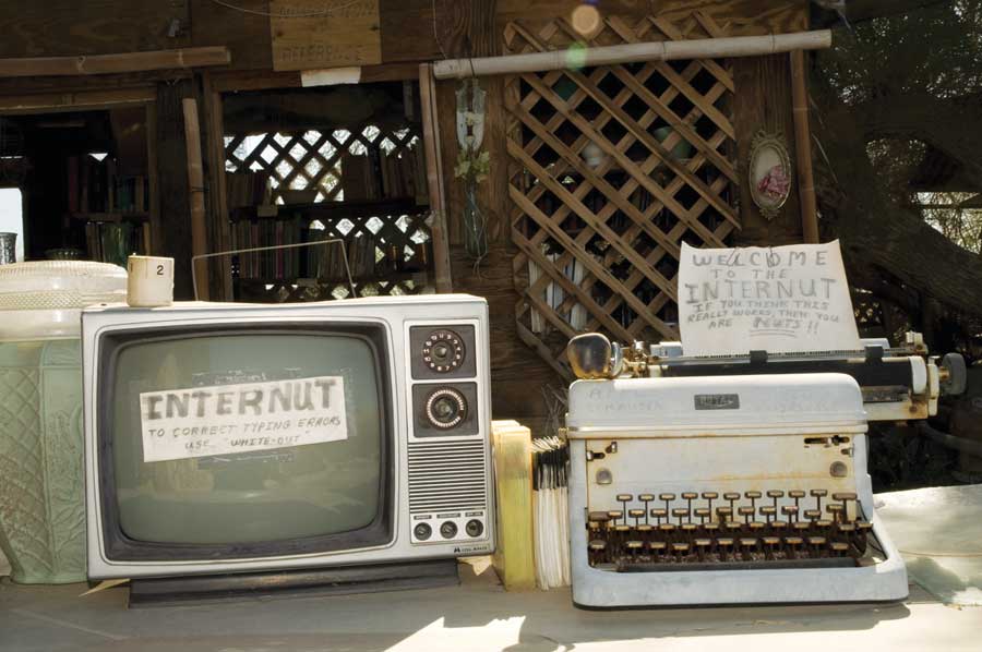 A library "internut" station demonstrates the quirky humor and irreverent attitude evident throughout Slab City.
